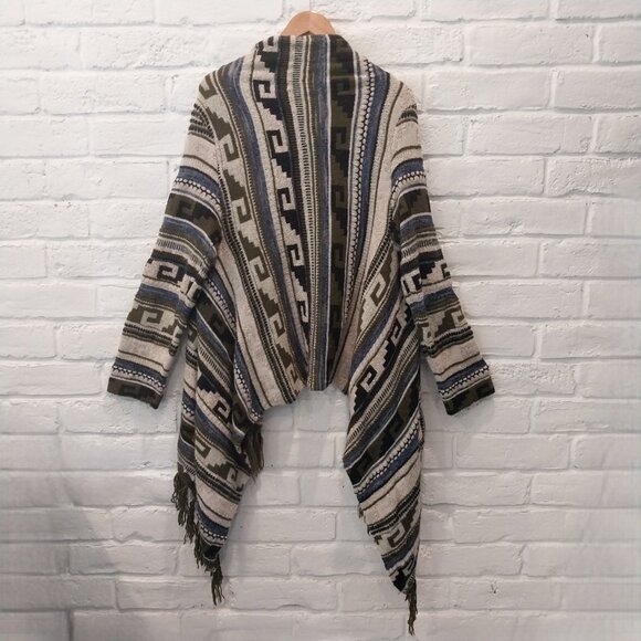 J Jill Open Sweater Cardigan XL Green Blue Southwest Aztec Fringe Wool Blend - Picture 6 of 12
